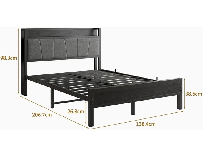 Double Bed Frames with Wooden Storage Headboard,Heavy Duty Metal Upholstered Platform Bed Frame
