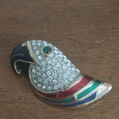 Beautiful vintage parrot brooch covered with rhinestones with enamel accents.