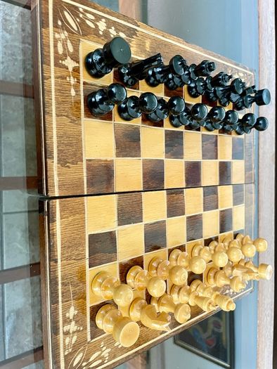 Vintage Decorative Foldable Chessboard with Hand Carved Detail and Chess Pieces 26 cm Square