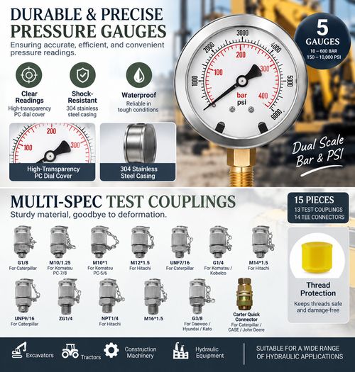 Hydraulic Pressure Test Kit 600 Bar Excavator Tractor Machinery 5 Gauges