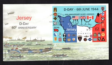 2004 Jersey 60th Anniversary of D-Day souvenir sheet (showing Normandy landing beaches) Commemorative Stamp Miniature Sheet First Day Cover (FDC)