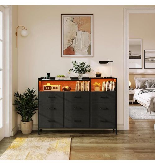 Black Chest of Drawers Bedroom, 9 Fabric Drawers, 130 x 30 x 97cm