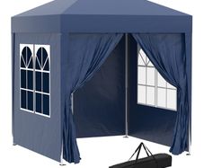 2 x 2 m Garden Pop Up Gazebo, Wedding Party Tent Marquee, Water Resistant Awning Canopy with Sidewalls, Windows, Carry Bag, Blue