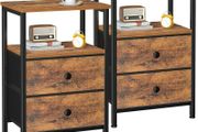 Bedside Table Set of 2, Side Table with 2 Fabric Drawers, Bedroom Bedside Cabinet with Open Storage Shelf, End Table, Nightstand for Living Room, Small Spaces, Rustic Brown