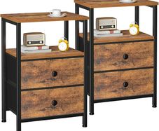 Bedside Table Set of 2, Side Table with 2 Fabric Drawers, Bedroom Bedside Cabinet with Open Storage Shelf, End Table, Nightstand for Living Room, Small Spaces, Rustic Brown