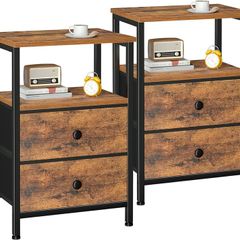 Bedside Table Set of 2, Side Table with 2 Fabric Drawers, Bedroom Bedside Cabinet with Open Storage Shelf, End Table, Nightstand for Living Room, Small Spaces, Rustic Brown