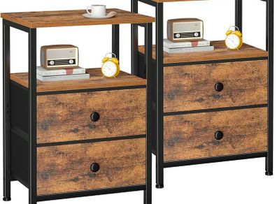 Bedside Table Set of 2, Side Table with 2 Fabric Drawers, Bedroom Bedside Cabinet with Open Storage Shelf, End Table, Nightstand for Living Room, Small Spaces, Rustic Brown