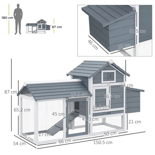 Small cottage chicken coop on legs dim. 151.5L x 54l x 87H cm multi-equipped solid pine wood