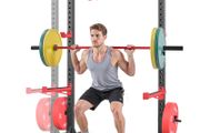 Multifunctional Squat Rack for Home Gym Power Cage Rack Width-Adjustable Workout Strength Training Equipment with 6 Band Pegs, Landmine Attachment &amp; Safety Bars for Bench Press Squats Pull-Up
