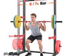 Multifunctional Squat Rack for Home Gym Power Cage Rack Width-Adjustable Workout Strength Training Equipment with 6 Band Pegs, Landmine Attachment & Safety Bars for Bench Press Squats Pull-Up