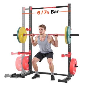 Multifunctional Squat Rack for Home Gym Power Cage Rack Width-Adjustable Workout Strength Training Equipment with 6 Band Pegs, Landmine Attachment & Safety Bars for Bench Press Squats Pull-Up