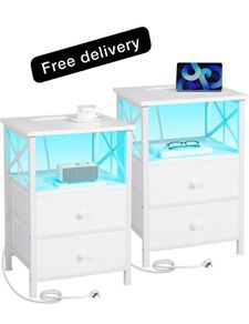 Bedside Table Set of 2, Side Table with Charging Station and Led Lights