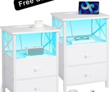 Bedside Table Set of 2, Side Table with Charging Station and Led Lights
