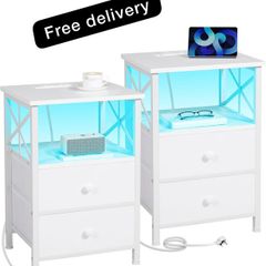 Bedside Table Set of 2, Side Table with Charging Station and Led Lights