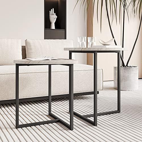 Round Coffee Table Set of 2,Small Coffee Table Living Room Tables,Metal Frame with Wood Side Table,Sofa Tea Table for Small Space/Living Room/Bedroom,Stacking Side Tables,Black + OAK