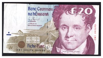 1994 Ireland IR20 Daniel O Connell Banknote Series C. Note issued 28/04/94. Serial number CKI205193