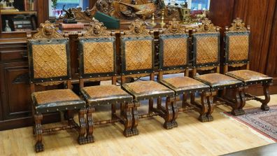 Set of 6 Spanish Renaissance Revival Walnut Dining Chairs