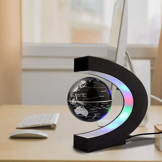 Levitating Globe, C Shape Floating Globe With LED Lights Magnetic Field Levitation World Map Globe Gravity Educational Gift Home Office Desk Decoration (Black)