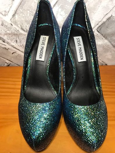 Steve Madden Dejavu Green/Blue Glitter Mermaid Scale Pattern Stiletto High Heel Shoes UK5 EUR38   S-E