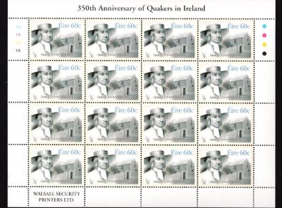 2004 Ireland 350th Anniversary of Quakers in Ireland Stamp Sheetlet Plate 1A1A1A1A Mint Never Hinged (MNH)