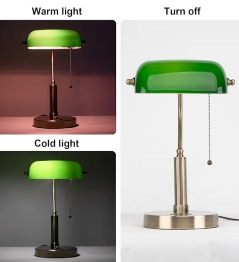 Bankers Office Desk Lamp, Vintage Green Glass Table Lamp with Brass Base, Classic Retro Light with Wireless Charging&USB Port