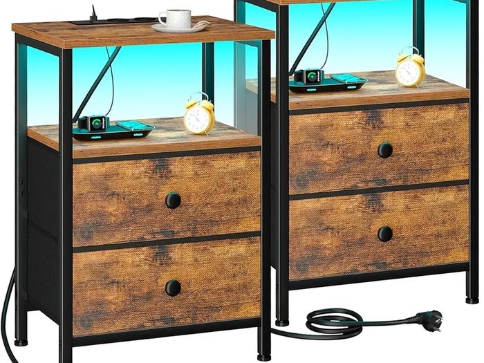 Bedside Table Set of 2 with Charging Station, Small Side Table with LED Light, Nightstand with 2 Fabric Drawers and Open Storage Shelf, Bedside Cabinets for Living Room, Brown