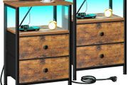 Bedside Table Set of 2 with Charging Station, Small Side Table with LED Light, Nightstand with 2 Fabric Drawers and Open Storage Shelf, Bedside Cabinets for Living Room, Brown