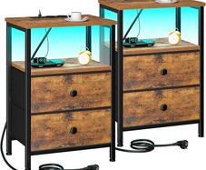 Bedside Table Set of 2 with Charging Station, Small Side Table with LED Light, Nightstand with 2 Fabric Drawers and Open Storage Shelf, Bedside Cabinets for Living Room, Brown