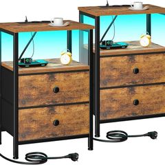 Bedside Table Set of 2 with Charging Station, Small Side Table with LED Light, Nightstand with 2 Fabric Drawers and Open Storage Shelf, Bedside Cabinets for Living Room, Brown