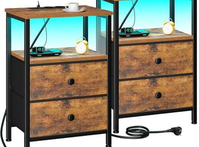 Bedside Table Set of 2 with Charging Station, Small Side Table with LED Light, Nightstand with 2 Fabric Drawers and Open Storage Shelf, Bedside Cabinets for Living Room, Brown
