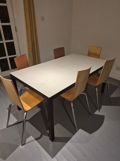 White Tempered Glass Dining Table with 6 Chairs (Metal  Frame)