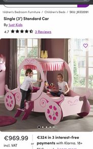 Girls pink car bed, princess fairytale
