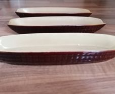 Nice Older Set of 3 Stoneware Boiled Corn Holders Brown & Cream