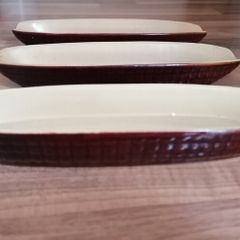 Nice Older Set of 3 Stoneware Boiled Corn Holders Brown & Cream