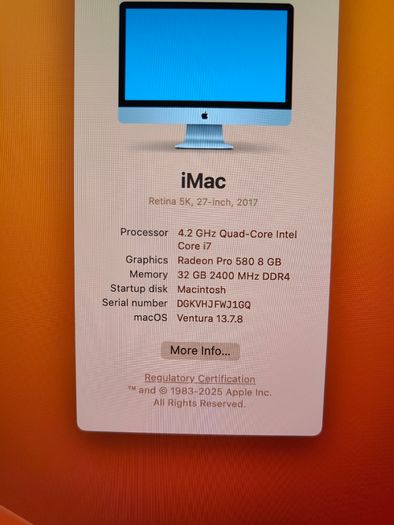 iMac Retina 5K,27-inch,2017, i7-quad-core 4.2GHz,32gb ram,2,2Tb Fusion Drive, Radeon pro 580  8gb