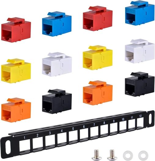 10 inch 0.5U 12 Port Blank Keystone Patch Panel with Cat6 RJ45 Keystone Jack Insert for DeskPi RackMate T0/T1/T2 Network Cabinets/Server Rack