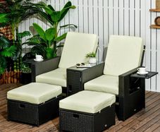 5PC PE Rattan Sun Lounger, Outdoor Wicker 5-level Adjustable Recliner Sofa Bed with Storage Side Table and Footstools, for Patio, Garden, Poolside, Black