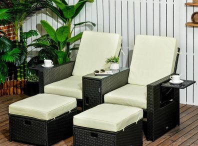 5PC PE Rattan Sun Lounger, Outdoor Wicker 5-level Adjustable Recliner Sofa Bed with Storage Side Table and Footstools, for Patio, Garden, Poolside, Black