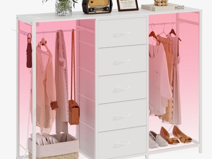 5 Drawer Dresser with Clothes Rack Chest of Drawers with Clothes Rail LED Lights Wardrobe Closet Drawers Charging Station Flexible Shelf Open Shelves for Bedroom Living Room