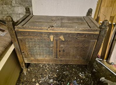 antique 19th century north indian hand carved wooden dowry chest.