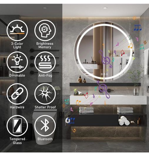 Bluetooth LED Bathroom Wall Mirror with LED Lights - 800mm Round Anti-Fog Vanity Mirror