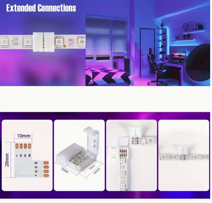 25pcs 2Pin/4 Pin LED Light Strip Connectors Set Including Screw Clips, 8Mm/10Mm 4 Pin LED Connectors, Cuttable T, L Shape PCB Board for SMD 5050 RGB Strip Lights Gapless Connector