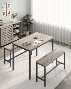 Dining table, kitchen table set, with 2 benches