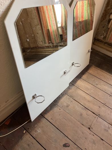 Two original, Art Deco period wall mounted basin splashback with mirror and bathroom fixtures
