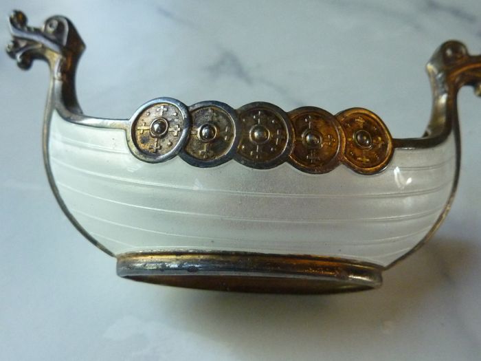 Theodor Olsens Eftf Norway Sterling Enamel Viking Ship Salt Cellar with NM Thune Enamelled Silver Spoon