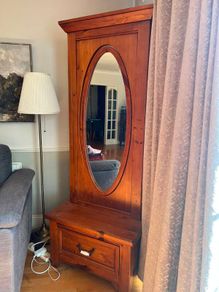 Pine hall stand with oval mirror and drawer