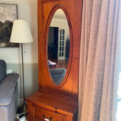 Pine hall stand with oval mirror and drawer