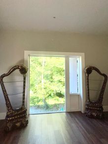 Pair of Large Ornate Harp Display Units, Glass Shelves & Lighting