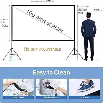 No Wrinkles 100 Inch Projector Screen - Super Stable with Dual Tripods, Strong Stands, Portable Design for Indoor/Outdoor, 16:9, 4K