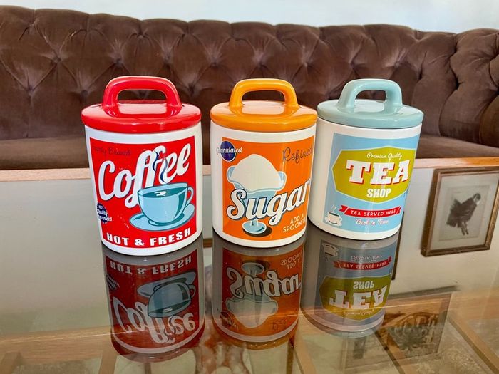 3 x Retro 50s 60s Multi Color Classic Tea Coffee Sugar Set
